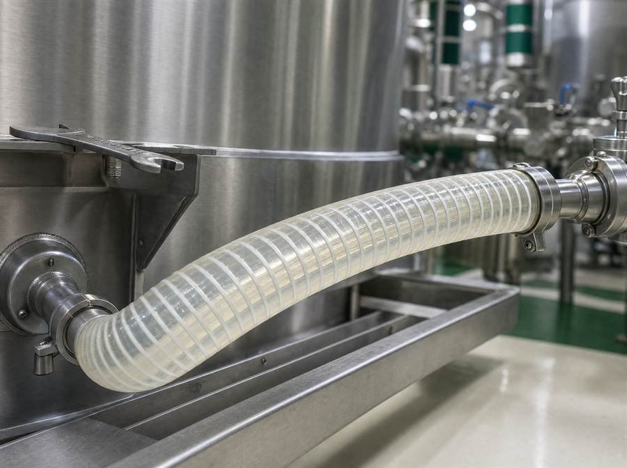 Manguera transparente grado alimenticio conectada a un tanque de acero inoxidable