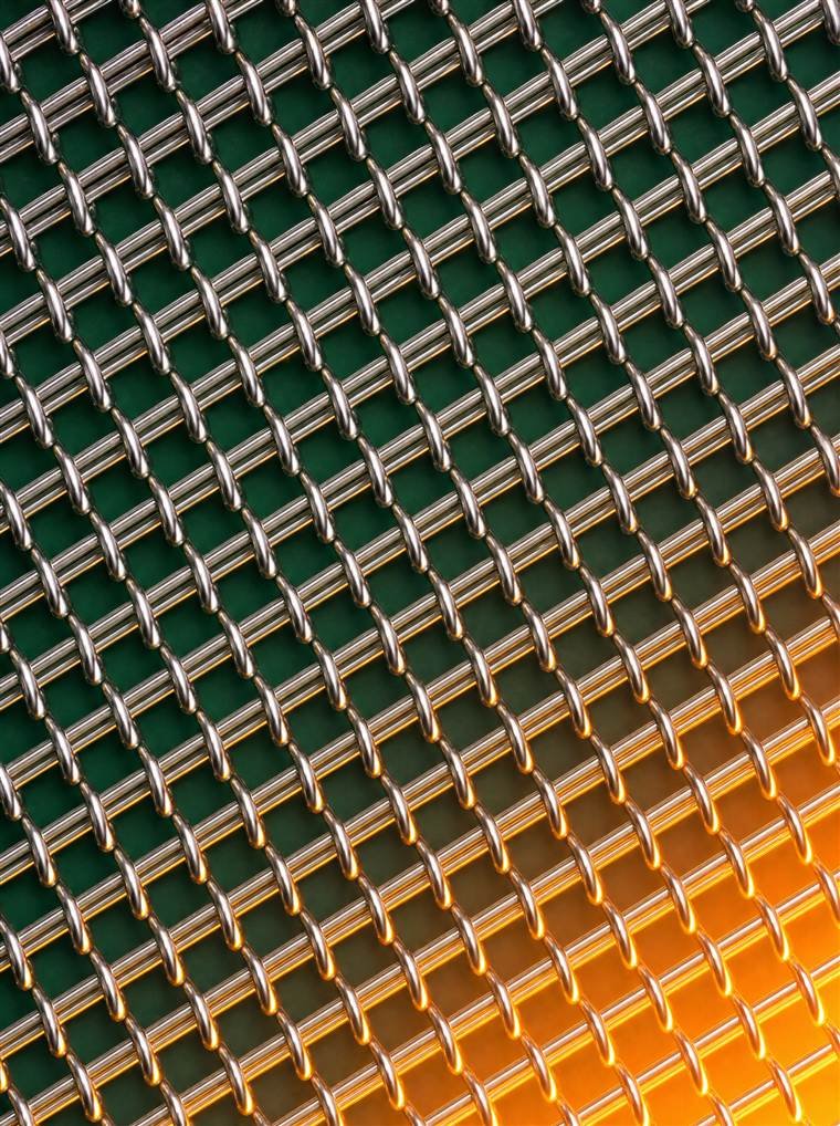 Malla metálica tejida de acero inoxidable con reflejo cálido de horno industrial